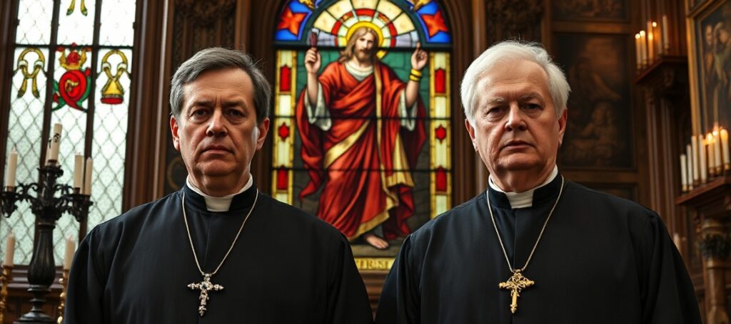 Lord Alton and Lord Moore in the House of Lords opposing euthanasia legislation with Christ the King depicted in a stained-glass window.
