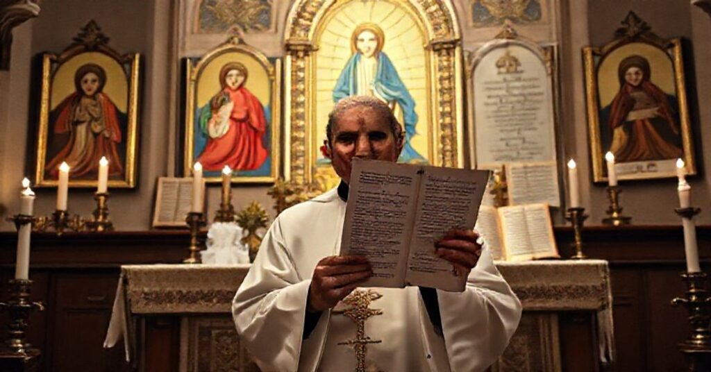 A sedevacantist priest holding a Vatican doctrinal note against Marian titles, standing before an altar with images of the Virgin Mary as Co-Redemptrix and Mediatrix.