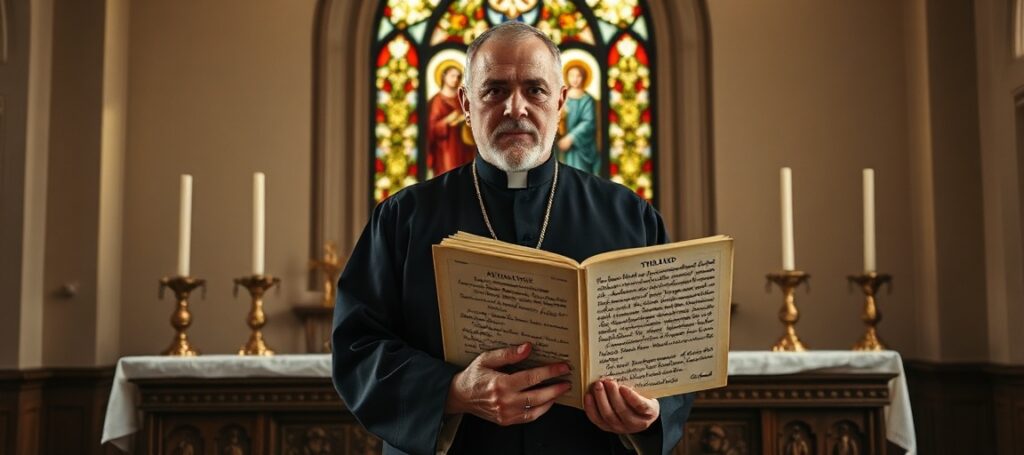 A traditional Catholic priest in solemn prayer before an altar with the Athanasian Creed, symbolizing the defense of Trinitarian dogma against modernist errors.