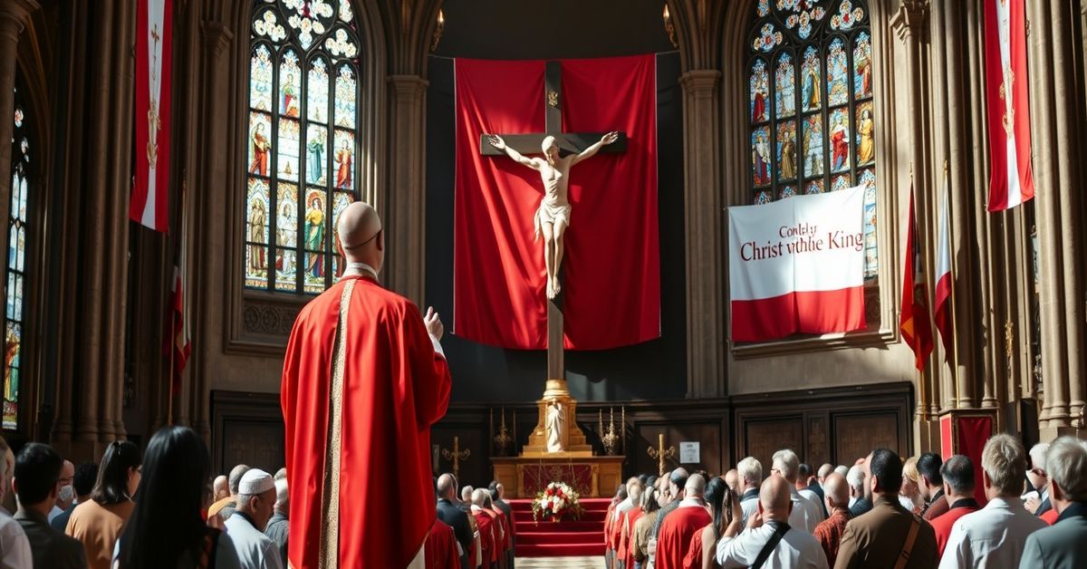 Traditional Catholic scene with bishop in red vestments before crucifix, emphasizing Christ's Social Kingship and defense of life from conception to natural death.
