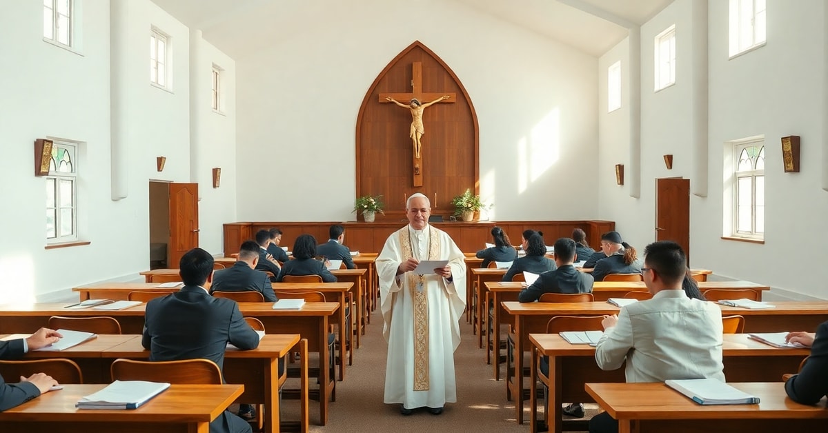 Solemn image of Delhi Archdiocese's civil service coaching program in a church basement, Archbishop Anil J.T. Couto leading exam prep sessions for UPSC aspirants in a sacred setting
