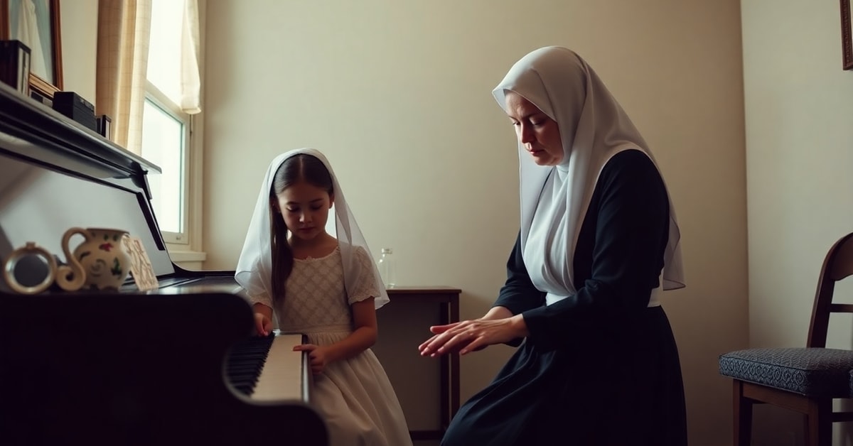 A Catholic mother praying with her two accomplished daughters who are skilled pianists, representing traditional Christian homeschooling values under persecution by secular Brazilian courts.