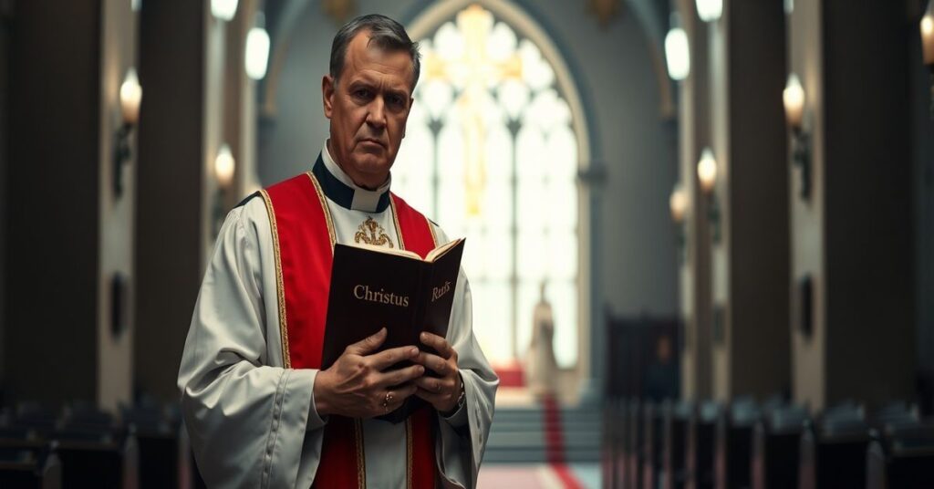 A resolute Catholic military chaplain in traditional vestments stands against a modernist chapel, symbolizing the denial of Christ's Kingship in favor of Vatican II's heretical 'peace'.