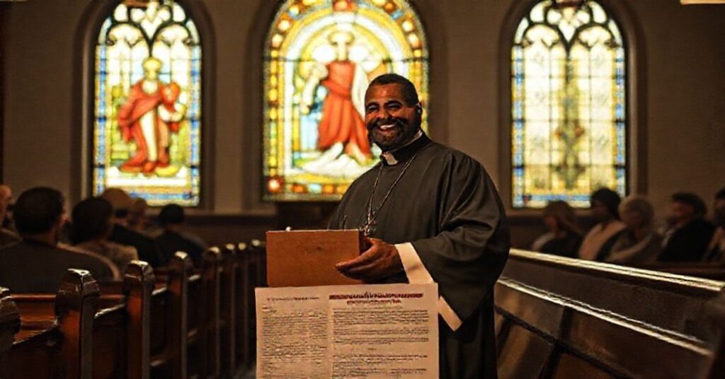 Andre Mahanna, a laicized Maronite pseudo-cleric fraudulently dressed as a priest in a Denver church, holding a donation box while parishioners look on with concern.