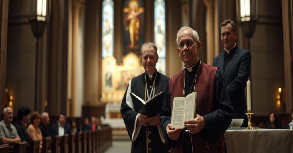 Depiction of Denver's new "Archbishop" James Golka's installation ceremony in a modernist cathedral.
