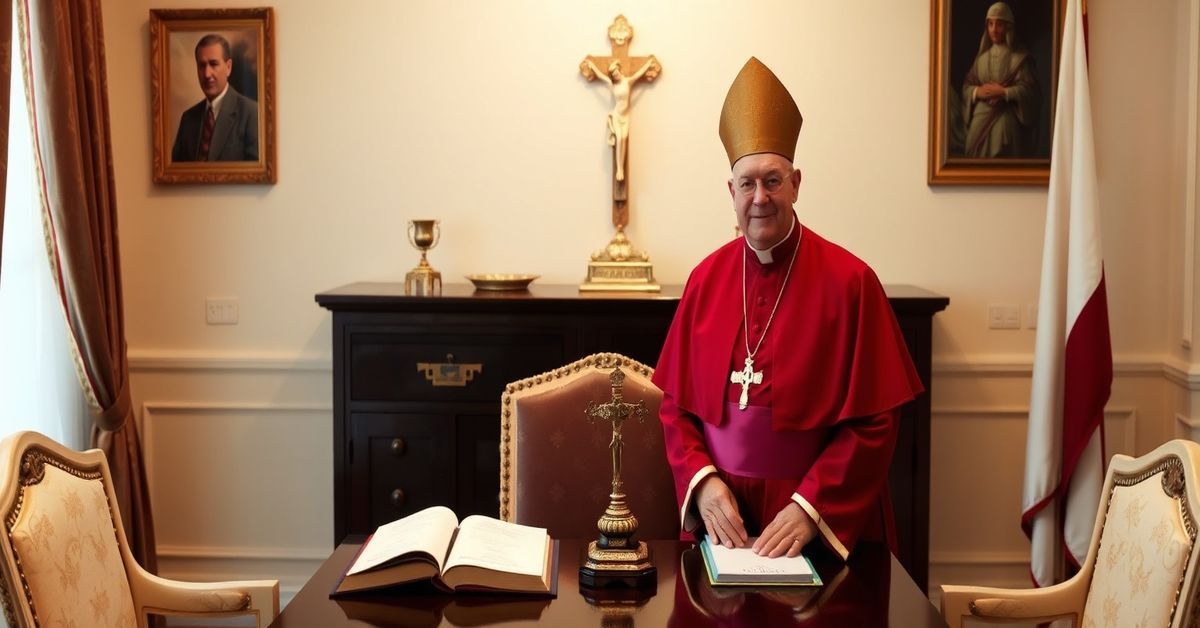 Archbishop Eugene Nugent in a Catholic setting with Quas Primas encyclical and diplomatic documents.