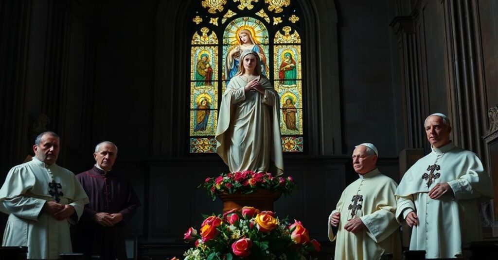 A traditional Catholic church interior with a statue of the Immaculate Conception desecrated by modernist antipopes.
