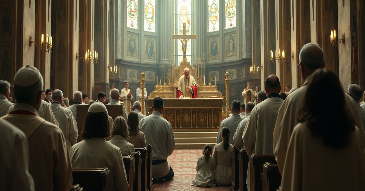 A traditional Catholic Holy Week liturgy depicting modernist desecration with clergy and faithful in a Novus Ordo Mass setting.