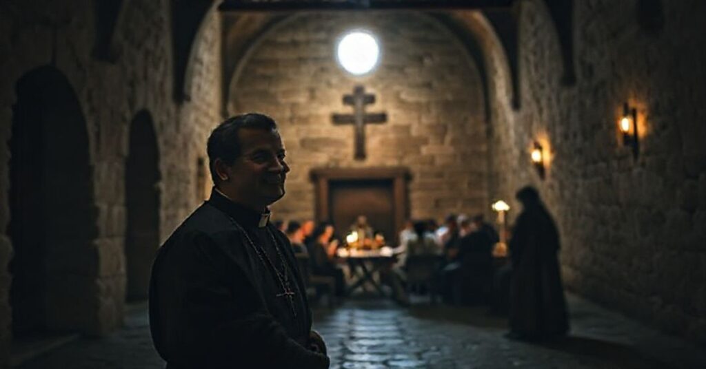 A somber depiction of the desecrated Monastery of the Divine Savior of Lérez in Spain, showcasing the spiritual bankruptcy of modernist "evangelization" tactics.
