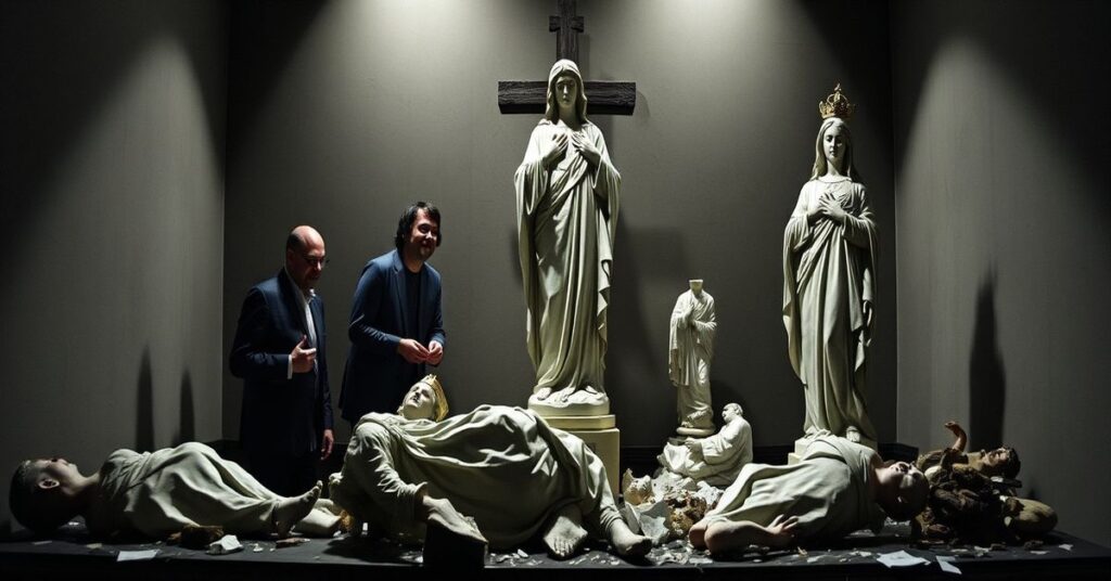 A solemn depiction of the desecration of sacred statues by Belgian radio hosts, highlighting the spiritual decay and need for reparation.