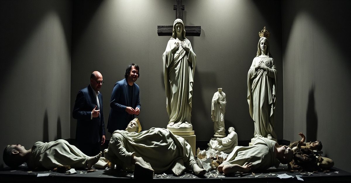 A solemn depiction of the desecration of sacred statues by Belgian radio hosts, highlighting the spiritual decay and need for reparation.