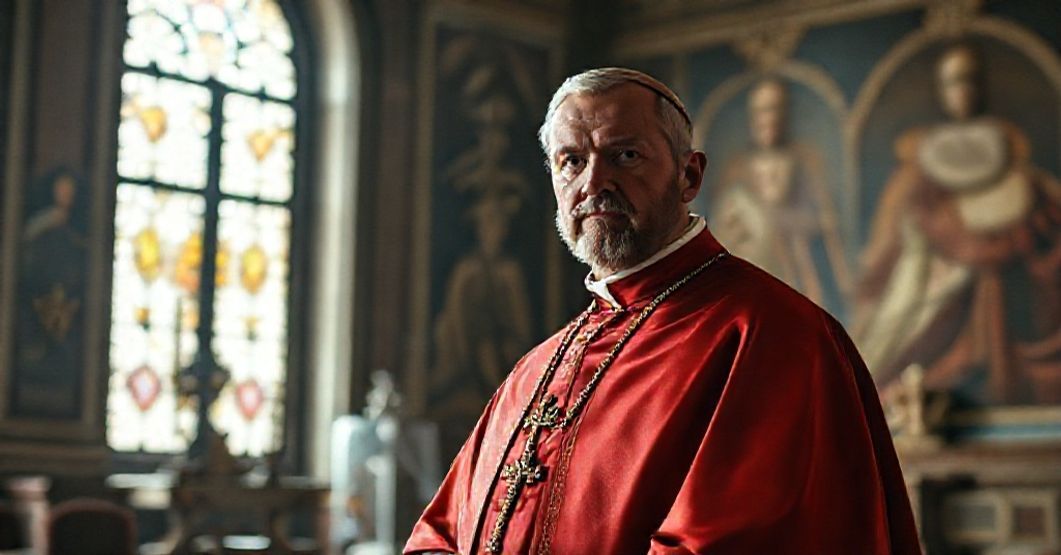 A somber photograph of Robert Prevost in papal vestments, highlighting the desecration of sacred symbolism.