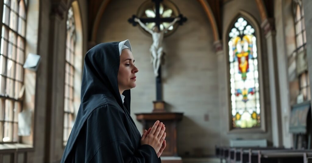 A traditional Catholic nun in a black habit kneeling in prayer before a crucifix in an abandoned convent.