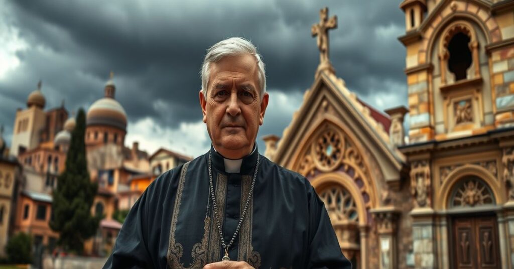 A Traditional Catholic priest in front of a synagogue, symbolizing the tension between naturalistic solidarity and the call to supernatural conversion.