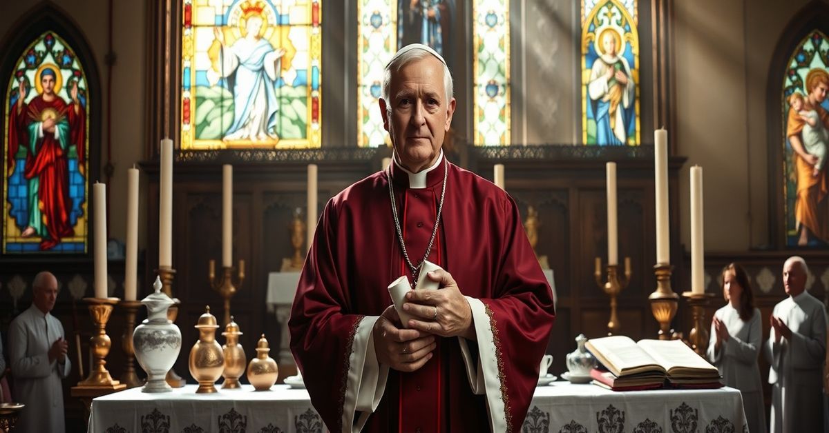 Archbishop Edward Weisenburger of Detroit Archdiocese stands before a traditional Catholic altar with fingerprint forms, contrasting human regulations with divine grace.