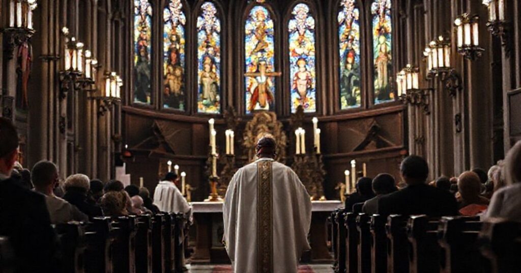 A somber image of a traditional Catholic Mass in Detroit's National Shrine of the Little Flower Basilica, highlighting the contrast between sacred tradition and modern ecumenical errors.