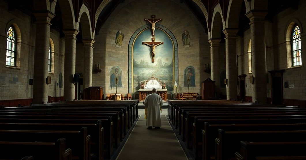 A solemn Catholic church interior in Detroit showing empty pews and a lone elderly priest at the altar, symbolizing spiritual desolation and doctrinal decay.