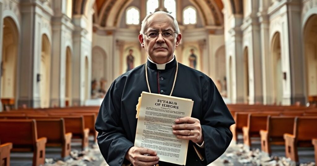 A traditionalist Catholic bishop stands in front of a demolished altar, contrasting with a modernist chapel behind him, symbolizing the devastation of Vatican II.
