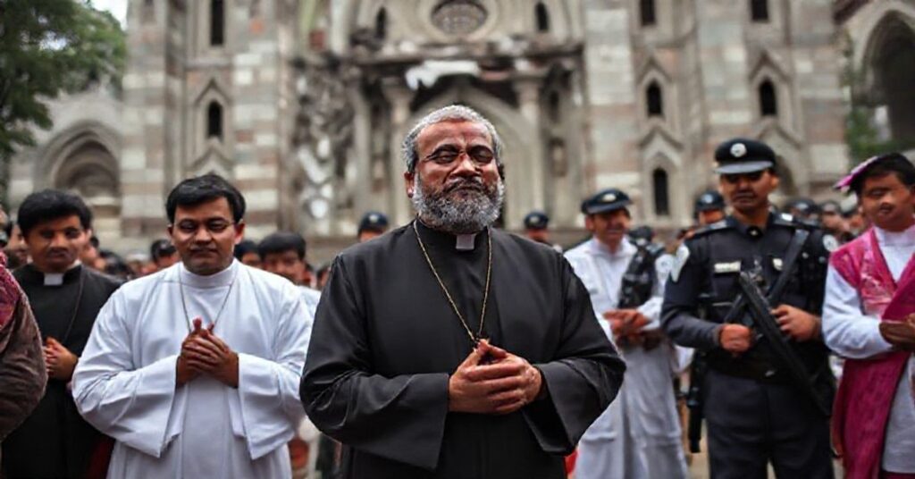 Local clergy pray amidst devastation at St. Mary's Cathedral in Dhaka after bomb attacks, highlighting the Church's reliance on divine protection over secular intervention.