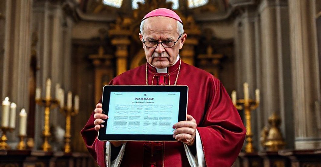 A traditional Catholic bishop in liturgical vestments holds a tablet displaying the digital Annuario Pontificio, looking solemnly concerned in an ornate church setting.
