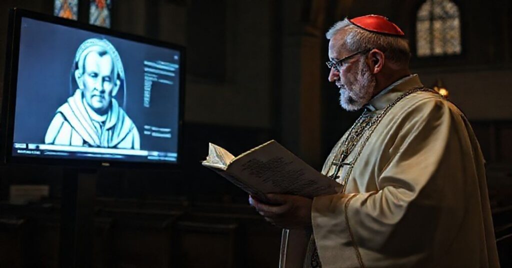 A traditional Catholic priest in liturgical vestments holding a catechism while looking at a screen displaying Leo XIV's digital popularity statistics.