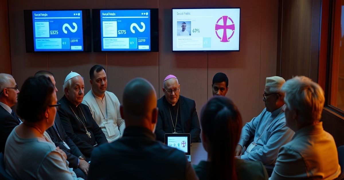 Group of conciliar clergy and laypeople discussing digital evangelization in a modern conference room.