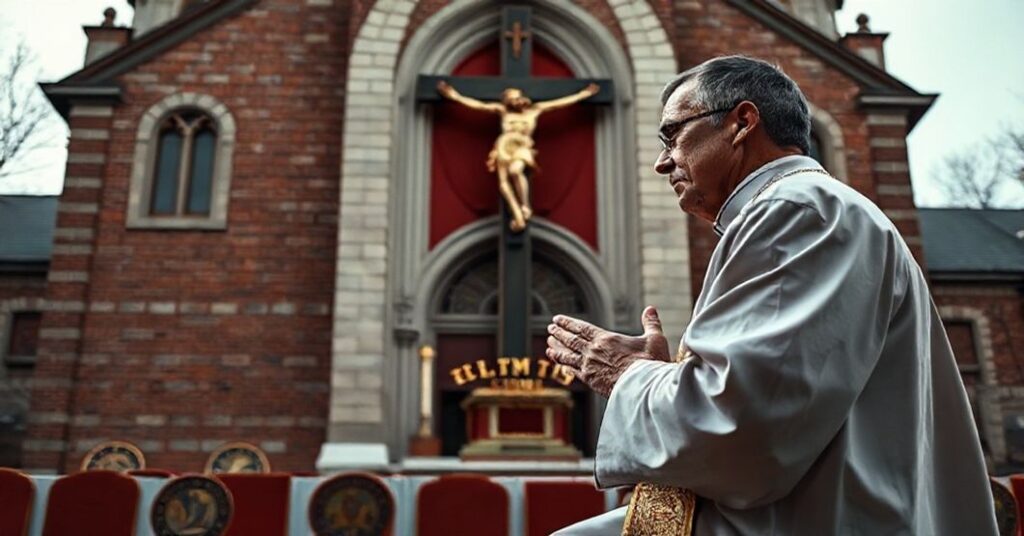 A traditional Catholic priest kneeling in prayer before a crucifix with the Diocese of Paterson's chancery building in the background, symbolizing the struggle between Church and State.