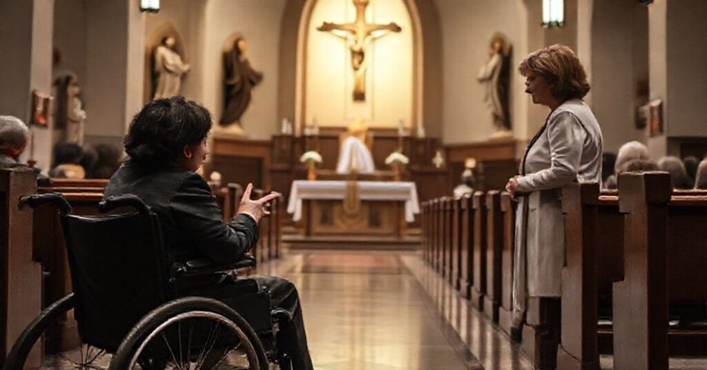 A Catholic church interior with Sue Do and Kathleen Davis discussing disability ministry, emphasizing traditional teachings and sacred atmosphere.
