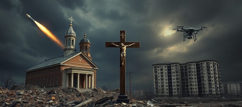 A devastated church in Merefa and a ruined residential building in Moscow during the Russia-Ukraine war of 2026, symbolizing divine judgment due to apostasy.