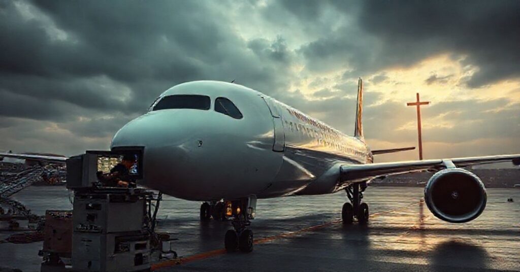A realistic depiction of a Vatican plane experiencing technical difficulties in Istanbul, symbolizing divine warnings against illegitimate authority.