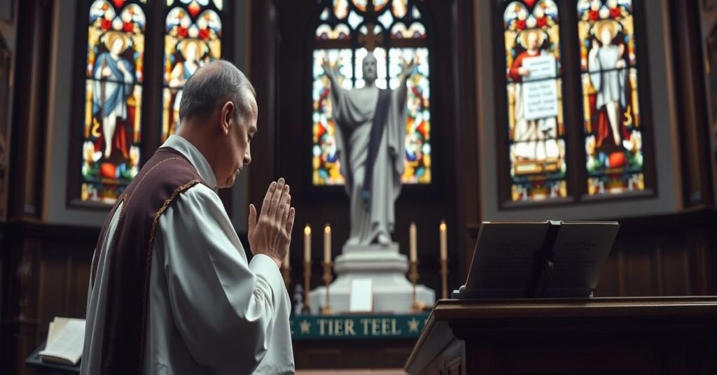 Traditional Catholic priest praying before Christ the King statue in a solemn church setting, symbolizing divine law over political compromise.