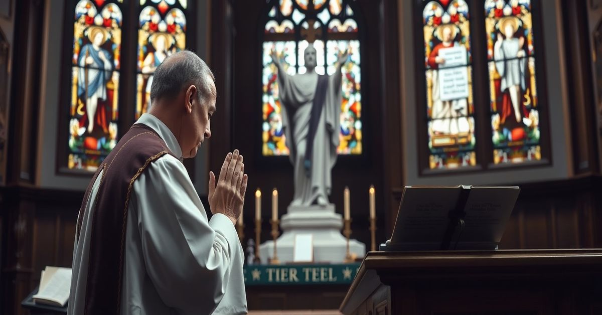 Divine Law Over Political Compromise: A Catholic Perspective Traditional Catholic priest praying before Christ the King statue in a solemn church setting, symbolizing divine law over political compromise.