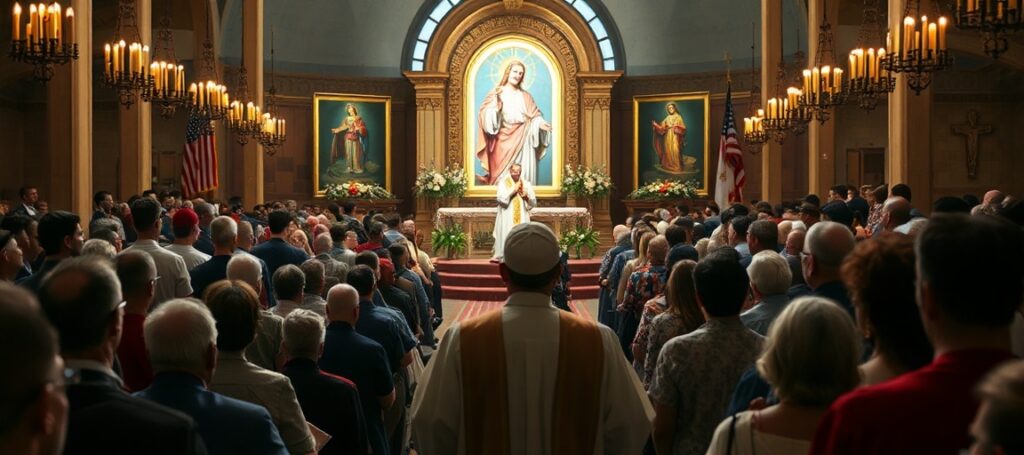 A solemn Catholic scene depicting the Divine Mercy Shrine in Hollywood with a crowd gathered for Divine Mercy Sunday.