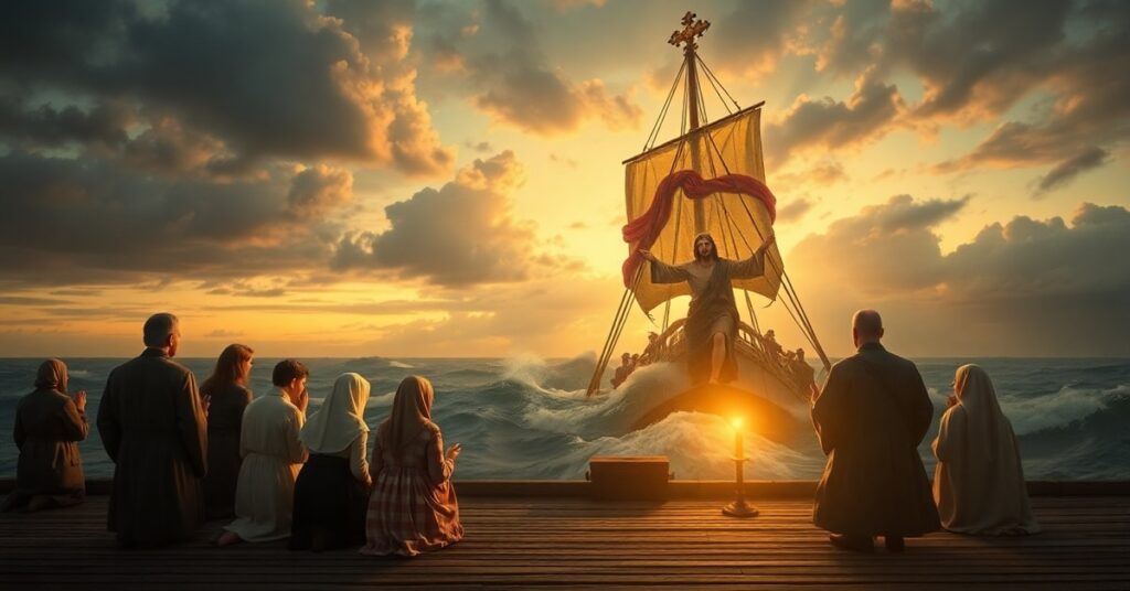 Antique Catholic holy card 'Divine Pilot' showing Christ as a navigator with a family in prayer at twilight, symbolizing traditional Catholic devotion and sacramental beauty