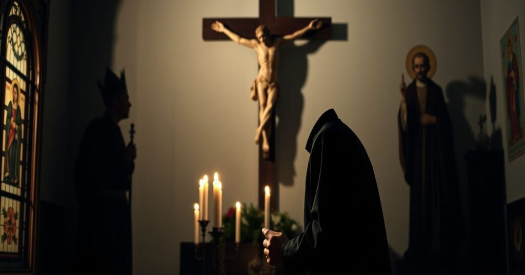 Traditional Catholic priest kneeling in prayer before a crucifix, symbolizing divine redemption over human suffering.