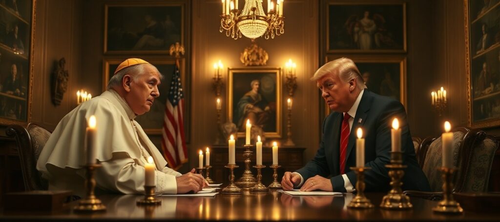 A grave meeting between Donald Trump and the usurper Robert Prevost in a Vatican office with a tense atmosphere reflecting the conciliar papacy's loss of spiritual authority.