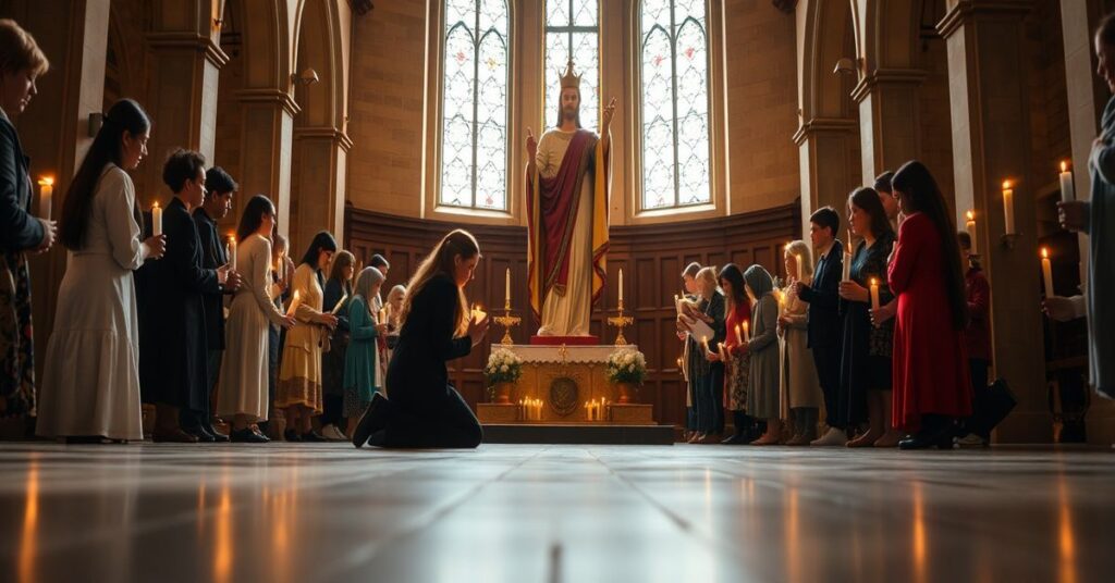 Catholic woman Katie Holler kneeling in prayer before a statue of Christ the King in a traditional church with Dorothea Project members holding candles.