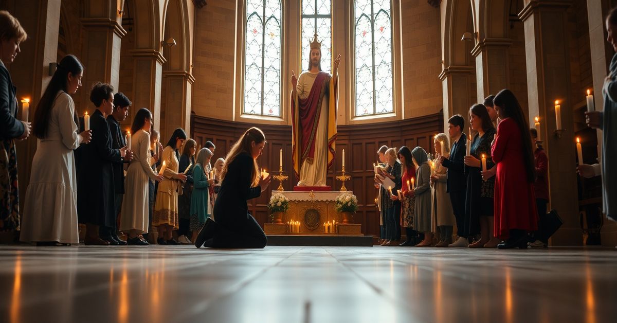 Catholic woman Katie Holler kneeling in prayer before a statue of Christ the King in a traditional church with Dorothea Project members holding candles.