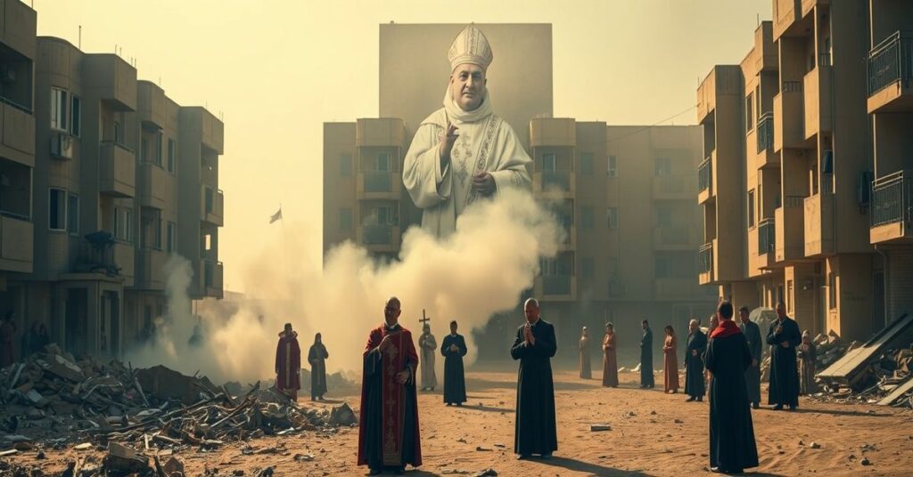 A solemn image of the 'Blessed Michael McGivney' apartment complex in Ankawa, Iraq, after a drone strike. Displaced Christian families gather in prayer while Archbishop Bashar Warda and Patrick Kelly observe. The scene reflects naturalistic humanitarianism without supernatural hope.