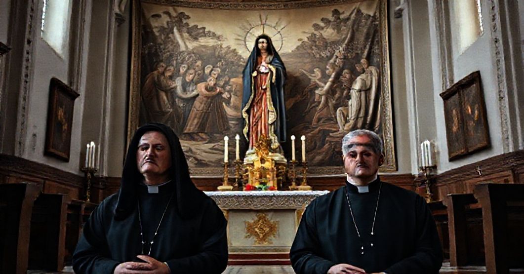 Two Italian priests kneel in prayer in a solemn Catholic church, with a statue of Our Lady of Sorrows and a backdrop of Nazi atrocities.