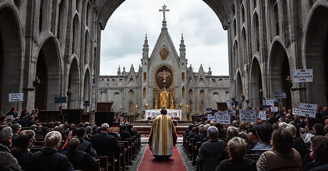 A solemn scene inside St. Mary's Pro Cathedral in Dublin during the false designation ceremony by Antipope Leo XIV on November 21, 2025.