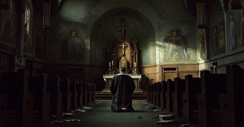 A traditional Catholic priest kneels in prayer before an empty church altar in Dubuque, symbolizing the spiritual desolation caused by conciliar apostasy.