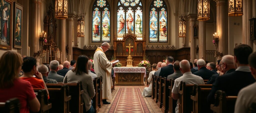 A reverent Easter baptism in a traditional Catholic church, highlighting the spiritual depth of conversion.