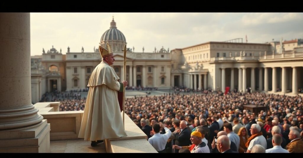 Solemn image of St. Peter's Square during Easter 2026, showing 'Pope Leo XIV' delivering his Urbi et Orbi message.