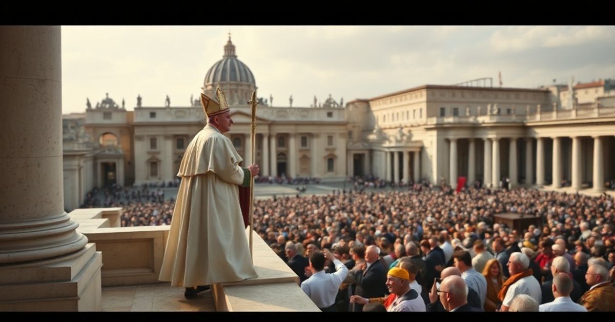 Solemn image of St. Peter's Square during Easter 2026, showing 'Pope Leo XIV' delivering his Urbi et Orbi message.