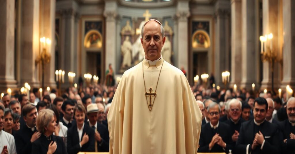 Easter Vigil scene in St. Peter's Basilica with a modernist homily by Leo XIV, depicting naturalistic peace messages that omit Christ's Kingship.