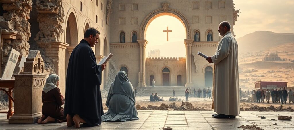 A sorrowful Eastern Christian family kneeling in prayer before a desecrated church in the Holy Land, symbolizing the spiritual decay and apostasy of the conciliar sect.