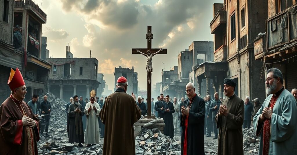 Eastern Christians in prayer amidst war-torn Middle Eastern streets with Catholic prelates in traditional vestments.