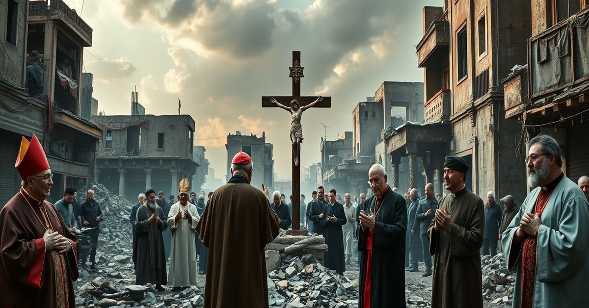 Eastern Christians in prayer amidst war-torn Middle Eastern streets with Catholic prelates in traditional vestments.