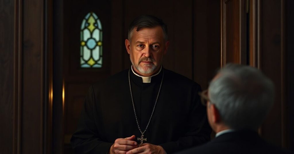 A traditional Catholic priest in a confessional booth, illuminated by candlelight, reflecting on ecclesiastical corruption and the need for repentance.